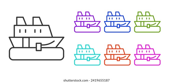 Black line Cruise ship icon isolated on white background. Travel tourism nautical transport. Voyage passenger ship, cruise liner. Worldwide cruise. Set icons colorful. Vector