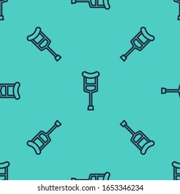 Black line Crutch or crutches icon isolated seamless pattern on green background. Equipment for rehabilitation of people with diseases of musculoskeletal system.  Vector Illustration