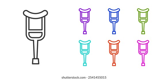 Black line Crutch or crutches icon isolated on white background. Equipment for rehabilitation of people with diseases of musculoskeletal system. Set icons colorful. Vector