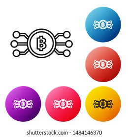 Black line Cryptocurrency bitcoin in circle with microchip circuit icon on white background. Blockchain technology, digital money market. Set icons colorful circle buttons. Vector Illustration