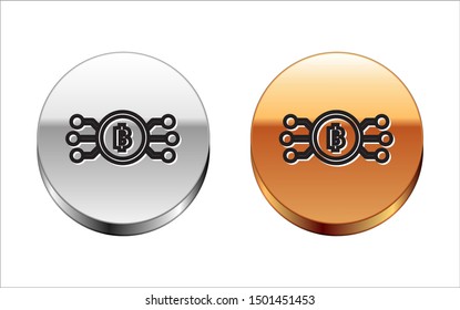 Black line Cryptocurrency bitcoin in circle with microchip circuit icon isolated on white background. Blockchain technology, digital money market. Silver-gold circle button. Vector Illustration