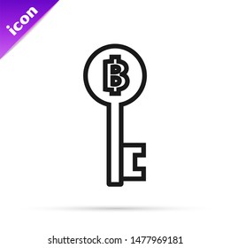 Black line Cryptocurrency Bitcoin key icon isolated on white background. Concept of cyber security or digital key with technology interface.  Vector Illustration