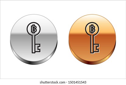 Black line Cryptocurrency Bitcoin key icon isolated on white background. Concept of cyber security or digital key with technology interface. Silver-gold circle button. Vector Illustration