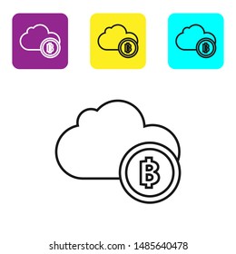 Black line Cryptocurrency cloud mining icon on white background. Blockchain technology, bitcoin, digital money market, cryptocoin wallet. Set icons colorful square buttons. Vector Illustration