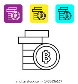Black line Cryptocurrency coin Bitcoin icon isolated on white background. Physical bit coin. Blockchain based secure crypto currency. Set icons colorful square buttons. Vector Illustration