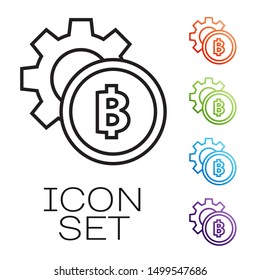 Black line Cryptocurrency coin Bitcoin icon isolated on white background. Gear and Bitcoin setting. Blockchain based secure crypto currency. Set icons colorful. Vector Illustration