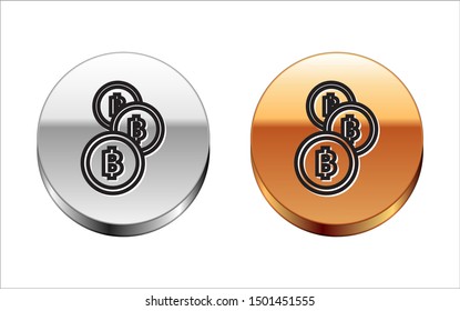 Black line Cryptocurrency coin Bitcoin icon isolated on white background. Physical bit coin. Blockchain based secure crypto currency. Silver-gold circle button. Vector Illustration