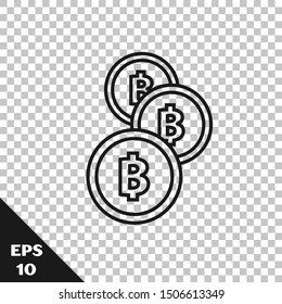 Black line Cryptocurrency coin Bitcoin icon isolated on transparent background. Physical bit coin. Blockchain based secure crypto currency.  Vector Illustration