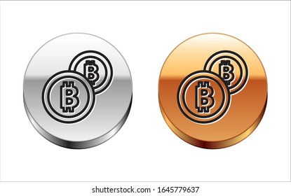 Black line Cryptocurrency coin Bitcoin icon isolated on white background. Physical bit coin. Blockchain based secure crypto currency. Silver-gold circle button. Vector Illustration