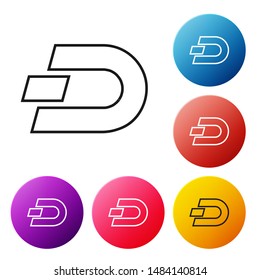 Black line Cryptocurrency coin Dash icon isolated on white background. Digital currency. Altcoin symbol. Blockchain based secure crypto currency. Set icons colorful circle buttons. Vector Illustration