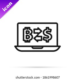 Línea negra Icono de intercambio de criptodivisa aislado en fondo blanco. Icono de intercambio de bitcoin a dólar. Tecnología de criptodivisa, banca móvil.  Vector