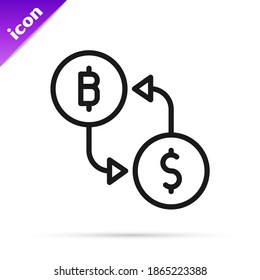 Black line Cryptocurrency exchange icon isolated on white background. Bitcoin to dollar exchange icon. Cryptocurrency technology, mobile banking.  Vector
