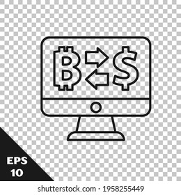 Línea negra Icono de intercambio de criptodivisa aislado en fondo transparente. Icono de intercambio de bitcoin a dólar. Tecnología de criptodivisa, banca móvil.  Vector