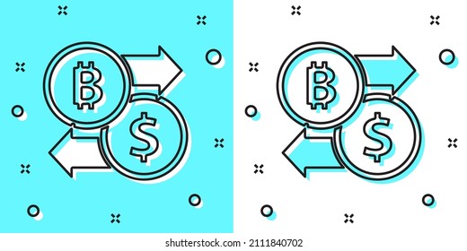 Black line Cryptocurrency exchange icon isolated on green and white background. Bitcoin to dollar exchange icon. Cryptocurrency technology, mobile banking. Random dynamic shapes. Vector