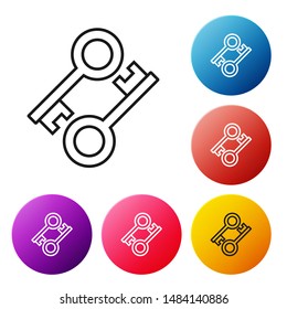 Black line Cryptocurrency key icon isolated on white background. Concept of cyber security or private key, digital key with technology interface. Set icons colorful circle buttons. Vector Illustration