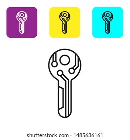 Black line Cryptocurrency key icon isolated on white background. Concept of cyber security or private key, digital key with technology interface. Set icons colorful square buttons. Vector Illustration