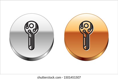Black line Cryptocurrency key icon isolated on white background. Concept of cyber security or private key, digital key with technology interface. Silver-gold circle button. Vector Illustration