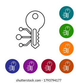 Schwarze Linie Kryptowährung-Taste Symbol einzeln auf weißem Hintergrund. Konzept der Cyber-Sicherheit oder privaten Schlüssel, digitaler Schlüssel mit Technologie-Schnittstelle. Symbole in den Farbkreisknöpfen einstellen. Vektorgrafik