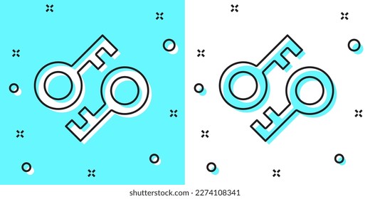 Black line Cryptocurrency key icon isolated on green and white background. Concept of cyber security or private key, digital key with technology interface. Random dynamic shapes. Vector