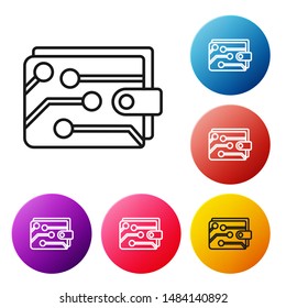 Black line Cryptocurrency wallet icon isolated on white background. Wallet and bitcoin sign. Mining concept. Money, payment, cash, pay icon. Set icons colorful circle buttons. Vector Illustration