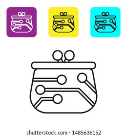 Black line Cryptocurrency wallet icon isolated on white background. Wallet and bitcoin sign. Mining concept. Money, payment, cash, pay icon. Set icons colorful square buttons. Vector Illustration