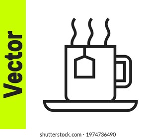 Black line Cup of tea with tea bag icon isolated on white background.  Vector