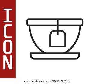 Black line Cup with tea bag icon isolated on white background.  Vector