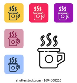 Black line Cup of tea icon isolated on white background. Sweet natural food. Set icons in color square buttons. Vector Illustration