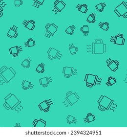 Black line Cup of tea icon isolated seamless pattern on green background.  Vector