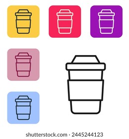 Línea negra Taza de icono de té aislado sobre fondo blanco. Establecer iconos en Botones cuadrados de color. Vector