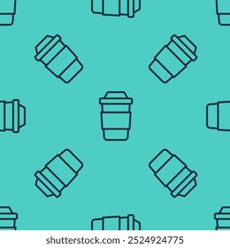 Black line Cup of tea icon isolated seamless pattern on green background.  Vector