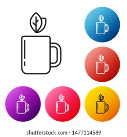 Black line Cup of tea and leaf icon isolated on white background. Set icons colorful circle buttons. Vector Illustration