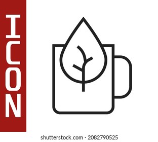 Copa de té de línea negra con icono de hoja aislado en fondo blanco. Buena comida natural.  Vector