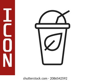 Black line Cup of tea with leaf icon isolated on white background. Sweet natural food.  Vector