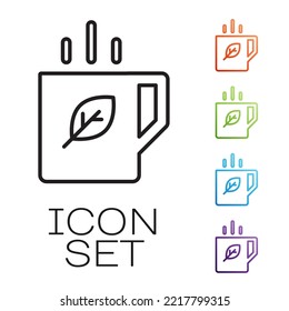 Black line Cup of tea and leaf icon isolated on white background. Set icons colorful. Vector