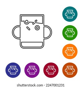 Black line Cup of tea and leaf icon isolated on white background. Set icons in color circle buttons. Vector