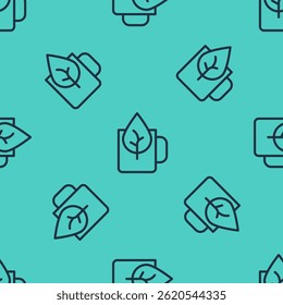 Black line Cup of tea with leaf icon isolated seamless pattern on green background. Sweet natural food.  Vector