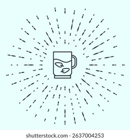 Black line Cup of tea and leaf icon isolated on grey background. Abstract circle random dots. Vector