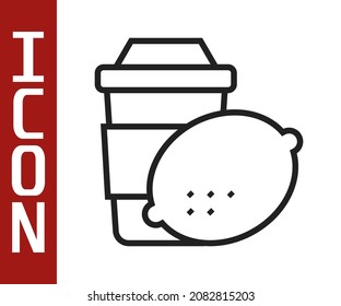 Black line Cup of tea with lemon icon isolated on white background.  Vector