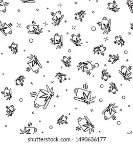 Black line Cup tea with marijuana or cannabis leaf icon isolated seamless pattern on white background. Marijuana legalization. Hemp symbol.  Vector Illustration