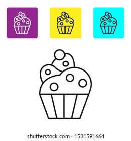 Black line Cupcake icon isolated on white background. Set icons colorful square buttons. Vector Illustration
