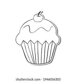 Black line cupcake on white silhouette and gray shadow. Hand drawn cartoon style. Doodle for coloring, decoration or any design. Vector illustration of kid art.