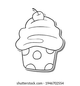 Black line cupcake on white silhouette and gray shadow. Hand drawn cartoon style. Doodle for coloring, decoration or any design. Vector illustration of kid art.