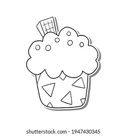 Black line cupcake on white silhouette and gray shadow. Hand drawn cartoon style. Doodle for coloring, decoration or any design. Vector illustration of kid art.
