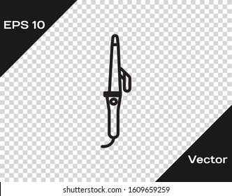 Black line Curling iron for hair icon isolated on transparent background. Hair straightener icon.  Vector Illustration