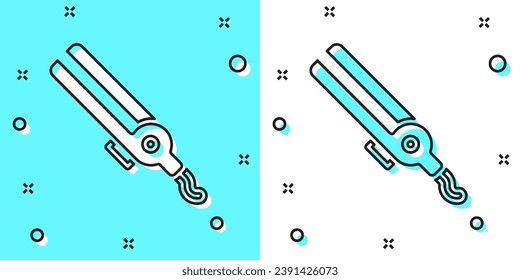 Black line Curling iron for hair icon isolated on green and white background. Hair straightener icon. Random dynamic shapes. Vector