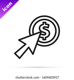 Black line Cursor and coin icon isolated on white background. Dollar or USD symbol. Cash Banking currency sign.  Vector Illustration