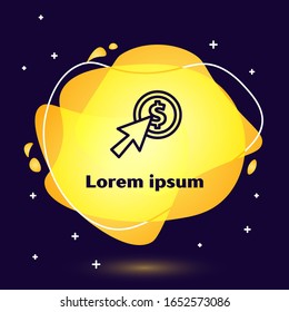 Black line Cursor and coin icon isolated on blue background. Dollar or USD symbol. Cash Banking currency sign. Abstract banner with liquid shapes. Vector Illustration