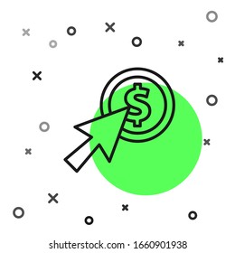 Black line Cursor and coin icon isolated on white background. Dollar or USD symbol. Cash Banking currency sign.  Vector Illustration