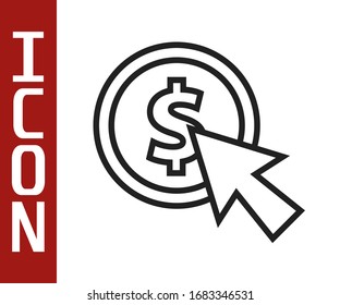 Cursor de línea negra e icono de moneda aislado en fondo blanco. Símbolo dólar o USD. Signo de divisa bancaria en efectivo. Ilustración vectorial